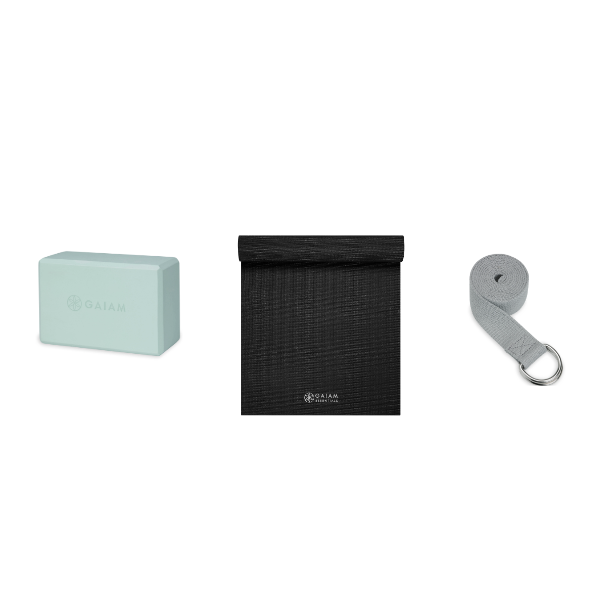 Yoga Bundle - Block (Cool Mint), Mat (Black), Strap (Grey)